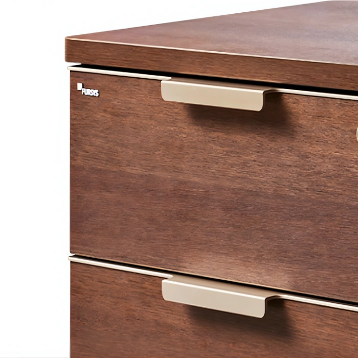Close-up of Drawer’s sleek metallic handles and walnut wood texture.