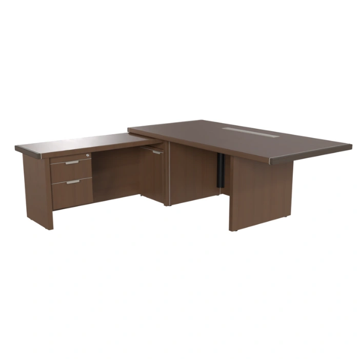 brown executive desk featuring a side drawer unit with a sleek metallic edge