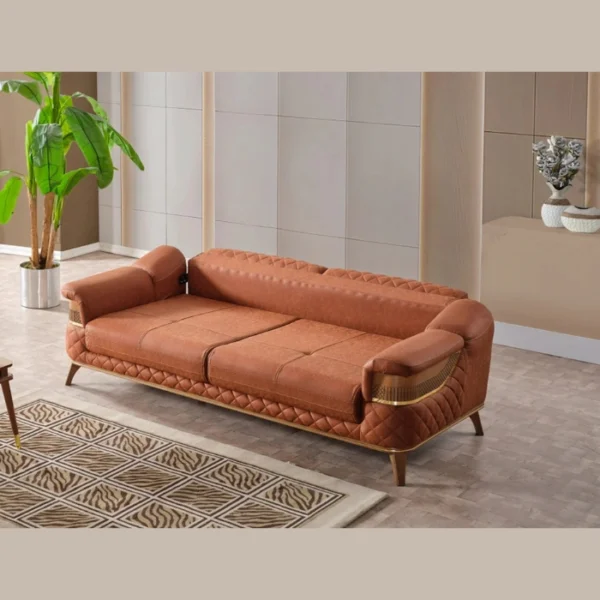 Ardora Living Room Set - Brick (3 seater) (2) 3 seater sofa featuring diamond-stitched fabric and elegant gold accents.