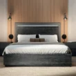 Eclipse Bed in charcoal black wood with fluted headboard and low platform base