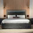 Eclipse Bed in charcoal black wood with fluted headboard and low platform base