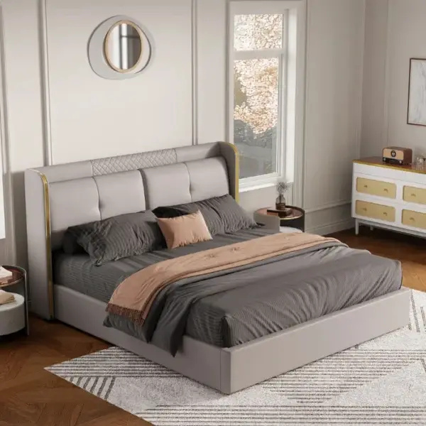 Linea bed in light grey upholstered finish