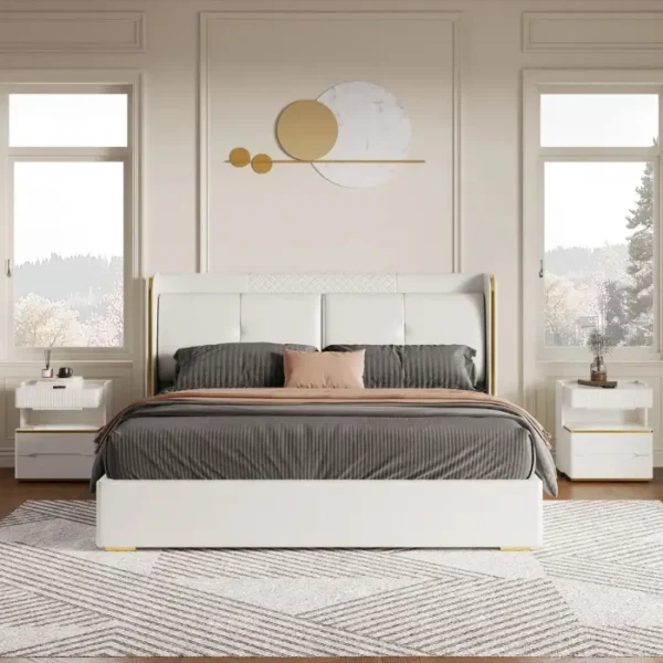 Linea-Bed-Off-white front view of upholstered bed in a modern bedroom.
