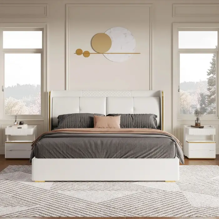 front view of upholstered bed in a modern bedroom.