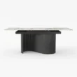 dining table with marble top marble and wide black base.