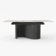 dining table with marble top marble and wide black base.