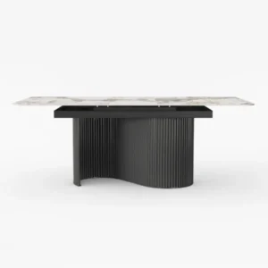 dining table with marble top marble and wide black base.