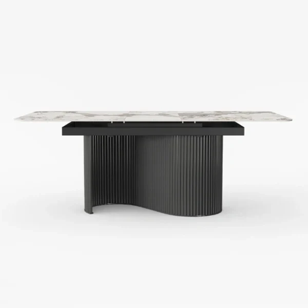 Monaco-Dining-Set-table-front-600x600 dining table with marble top marble and wide black base.