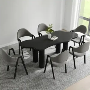 upper view of dining set with 6 grey chairs