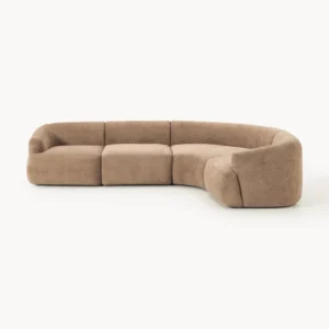 Front view of light brown sectional sofa.