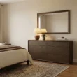 Oslo Dresser – front view of brown wooden dresser with six sleek drawers and a smooth, modern finish.