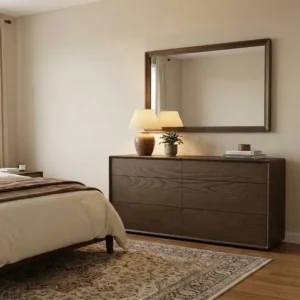 Oslo Dresser – front view of brown wooden dresser with six sleek drawers and a smooth, modern finish.