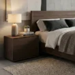 Oslo Side Table – front view of brown wooden side table featuring two drawers with a smooth, modern finish.