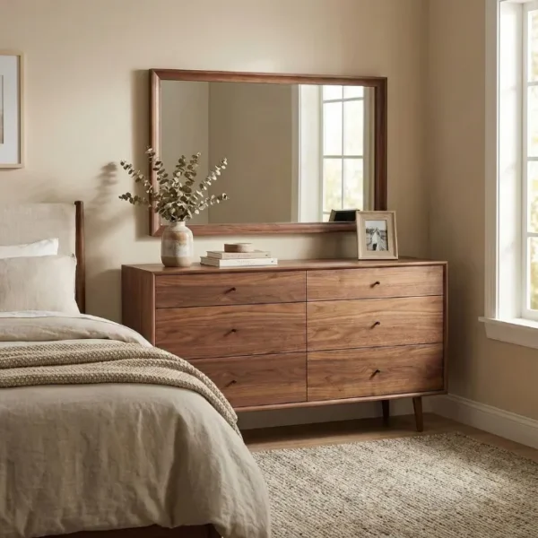 Roco Dresser Roco Dresser – modern light oak dresser with six spacious drawers, clean lines, and minimalist brass knobs for a contemporary bedroom look.