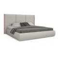 angled view of roco upholstered bed in light grey