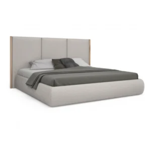 angled view of roco upholstered bed in light grey