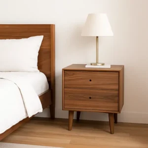 Roco Upholstered bed – light grey wooden sode table with matching bed