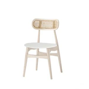 angled view of dining chair in beige color