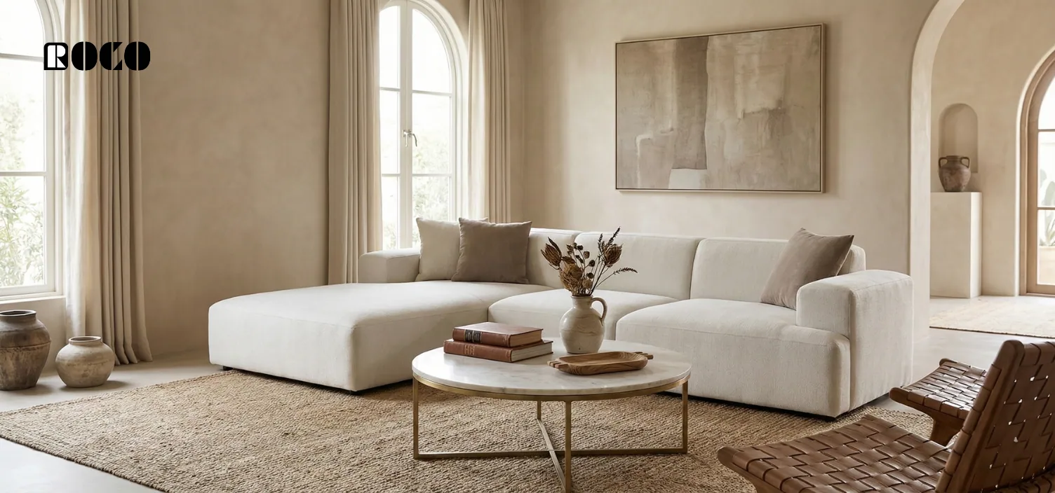 ROCO Interiors premium sofa setup representing modern furniture craftsmanship in Pakistan