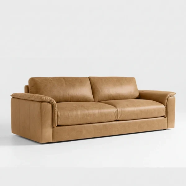 Bruno Curve Sofa - cammel (3) angled view of brown upholstery sofa