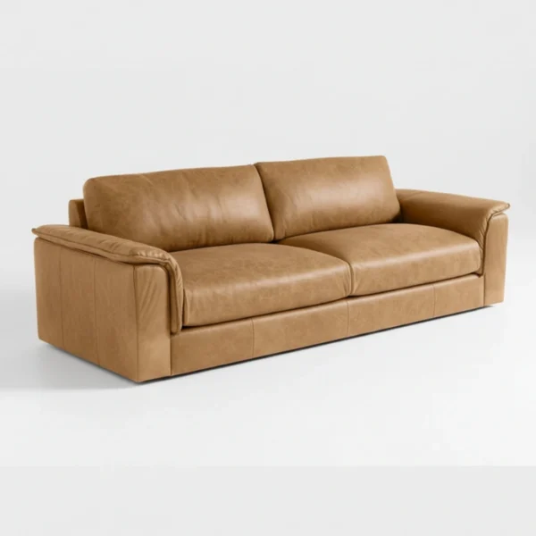 Bruno Curve Sofa - cammel (4) upper angled view of sofa in brown upholstery