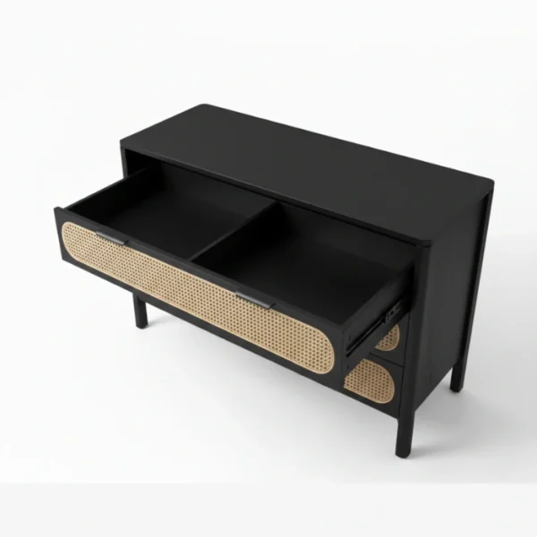 Cane Dresser - Black (4) upper view showing black open drawers