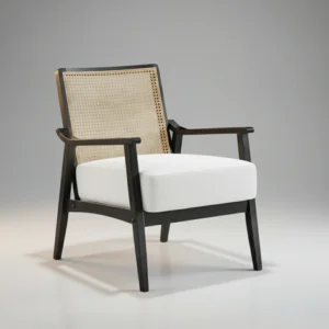 cane sculpt armchair with pure white cushion in studio background