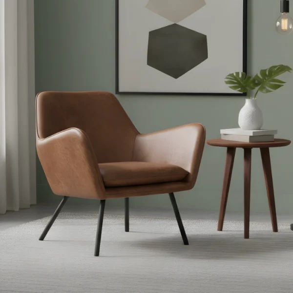 Brown leather armchair in modern livingroom.