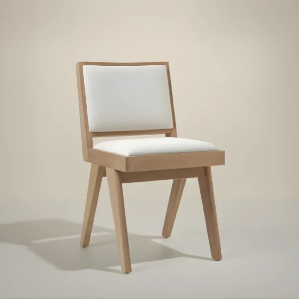 Noble Oak woodchair - white solid oak wood chair with off white upholstery in studio background