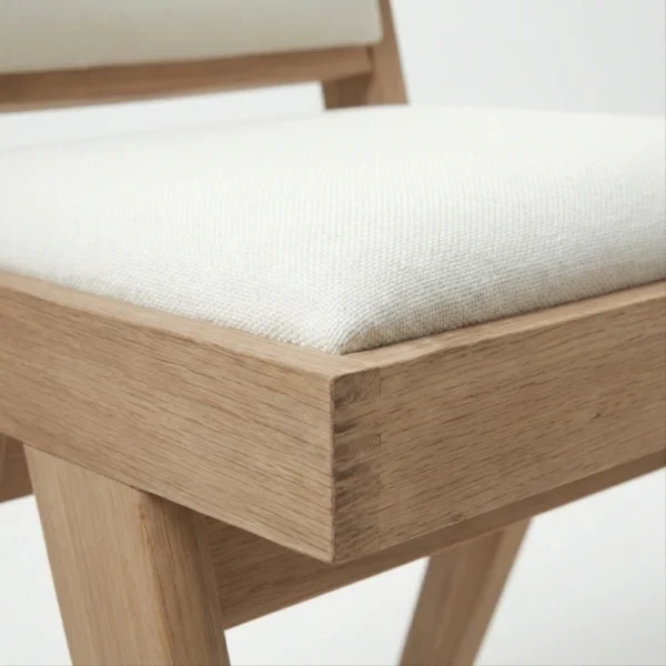 Noble Oak woodchair - white (7) seat close edge view showing wood material and fabric upholstery