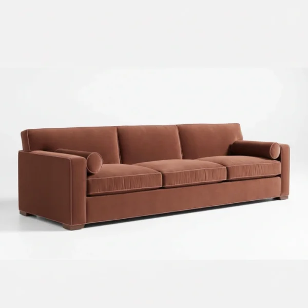 Velvet Moss - brick red (2) angled view of brick red 3 seter sofa
