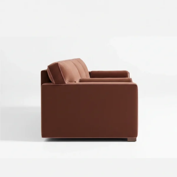 Velvet Moss - brick red (5) side profile view of brick red 3 seter sofa