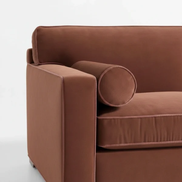 Velvet Moss - brick red (7) armrest close view of brick red 3 seter sofa