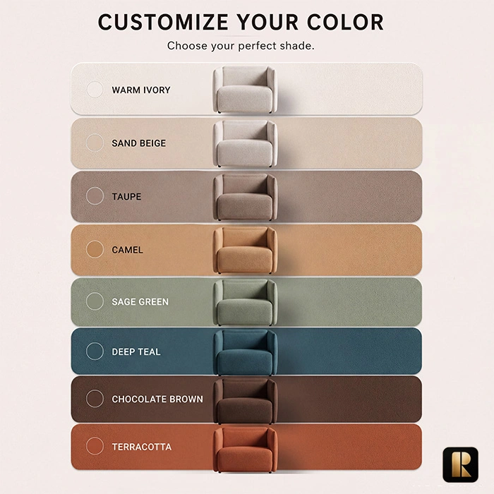 aircush-deep-seat-armchair-colour-options-view. AirCush armchair colours including Warm Ivory, Sand Beige, Taupe, Camel, Sage Green, Deep Teal, Chocolate Brown and Terracotta