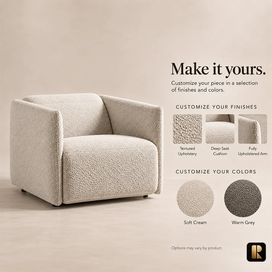 aircush-deep-seat-armchair-fabric-options-view. AirCush upholstery options showing linen blend, velvet and bouclé fabrics