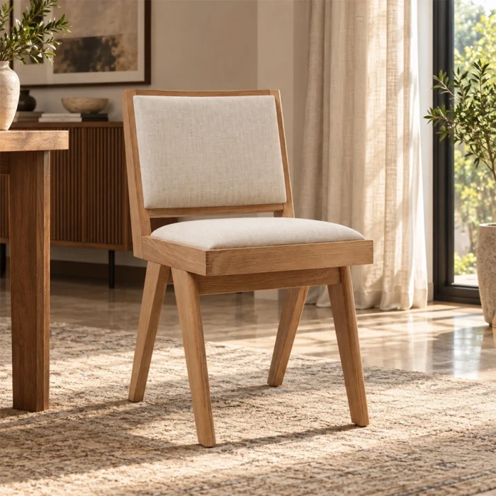 Noble upholstered dining chair styled in a warm contemporary dining interior