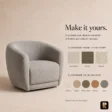 CreamCove curved armchair upholstery options showing linen blend, velvet and bouclé