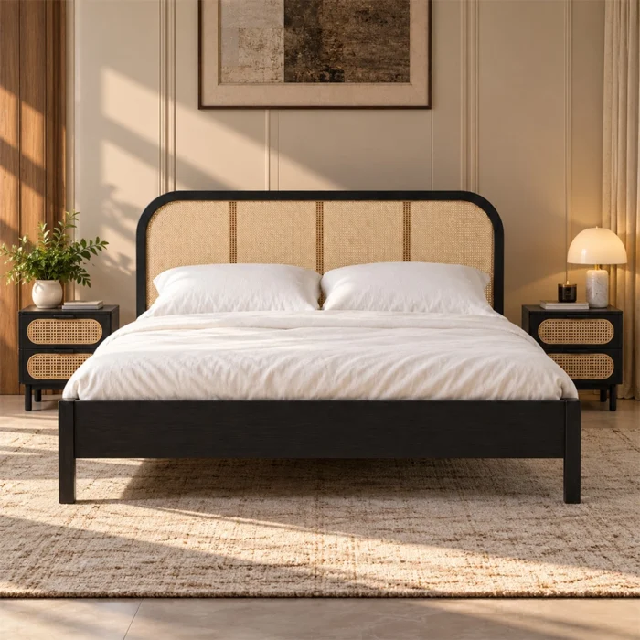 Creek Cane Bedroom Set Ⅱ shown with a black cane bed and two matching bedside tables in a sunlit bedroom.