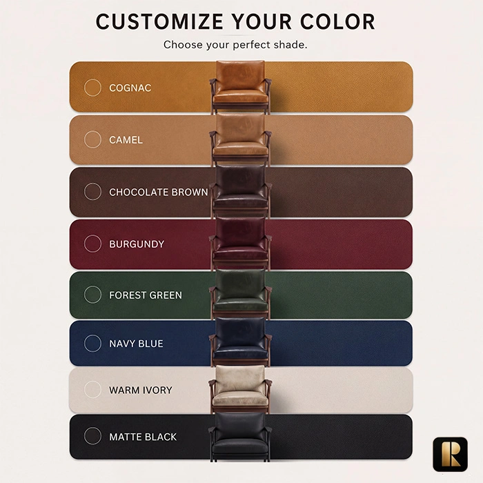 fiora-mid-century-armchair-color-options-view. Fiora Mid-Century Armchair colour options including cognac, camel, chocolate brown, burgundy, green, navy, ivory and black