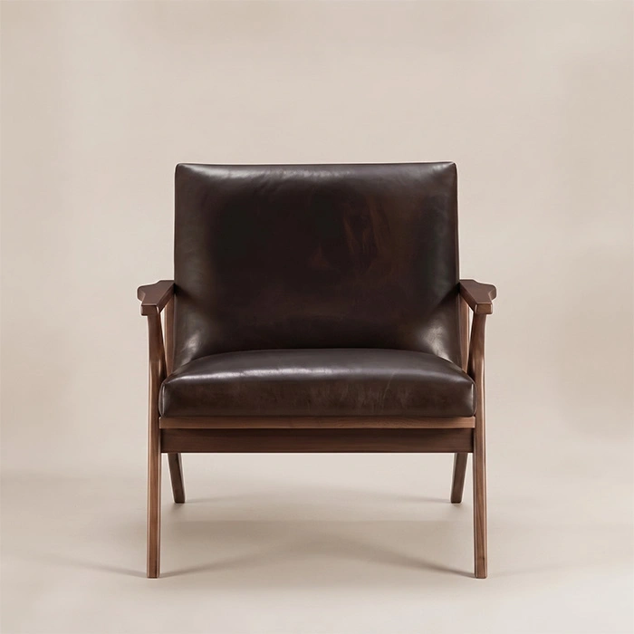 fiora-mid-century-armchair-dark-brown-front-view. Front view of Fiora Mid-Century Armchair in dark brown upholstery
