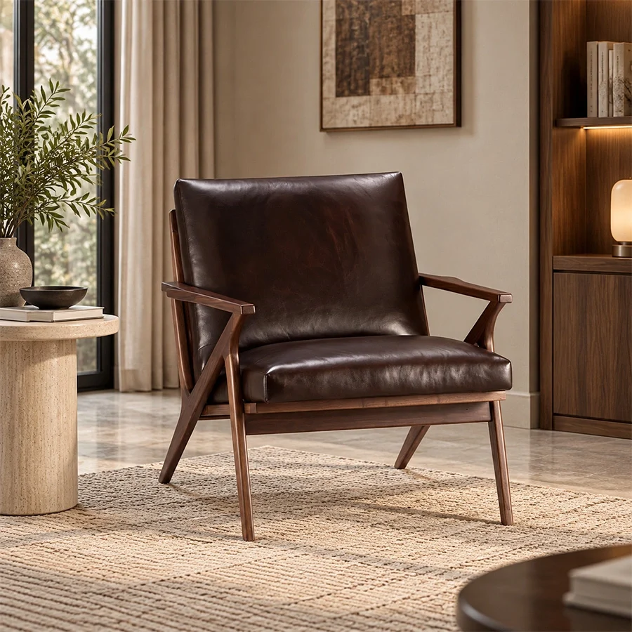 fiora-mid-century-armchair-living-room-view. Dark brown Fiora Mid-Century Armchair styled in a contemporary living room