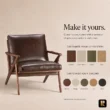 Fiora Mid-Century Armchair customization options showing leather, linen blend, velvet, jute and colour choices
