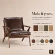 Fiora Mid-Century Armchair customization options showing leather, linen blend, velvet, jute and colour choices