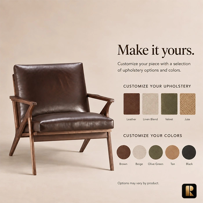 fiora-mid-century-armchair-upholstery-options-view. Fiora Mid-Century Armchair customization options showing leather, linen blend, velvet, jute and colour choices