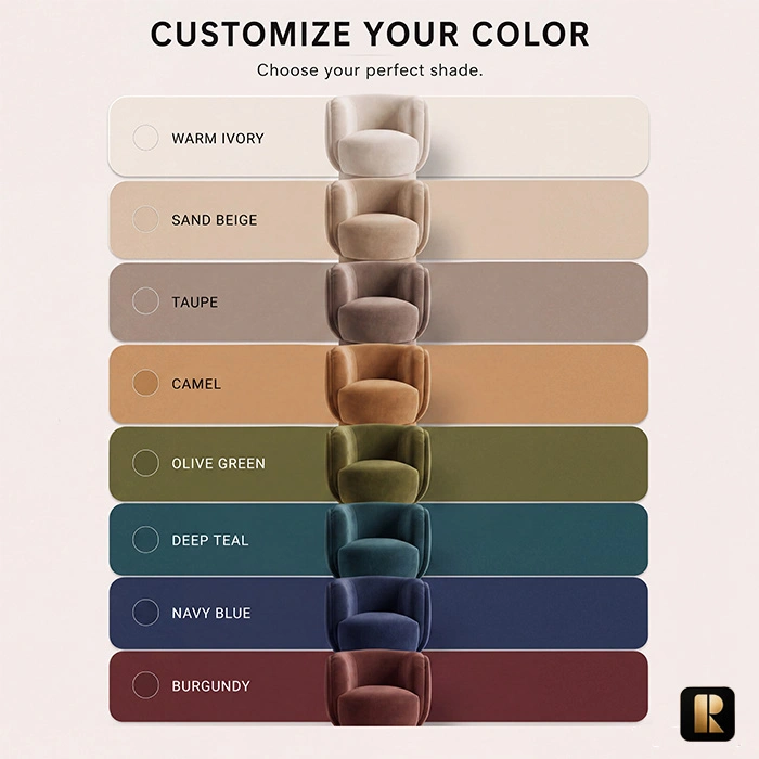 umberhush-armchair-color-options-view. UmberHush Armchair colour options including warm ivory, sand beige, taupe, camel, olive green, deep teal, navy blue and burgundy