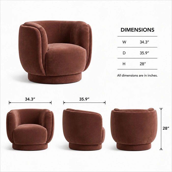 umberhush-armchair-dimensions-view. UmberHush Armchair dimensions showing 34.3 inch width, 35.9 inch depth and 28 inch height
