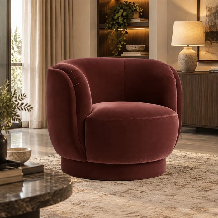 UmberHush Armchair in umber upholstery styled in a contemporary living room