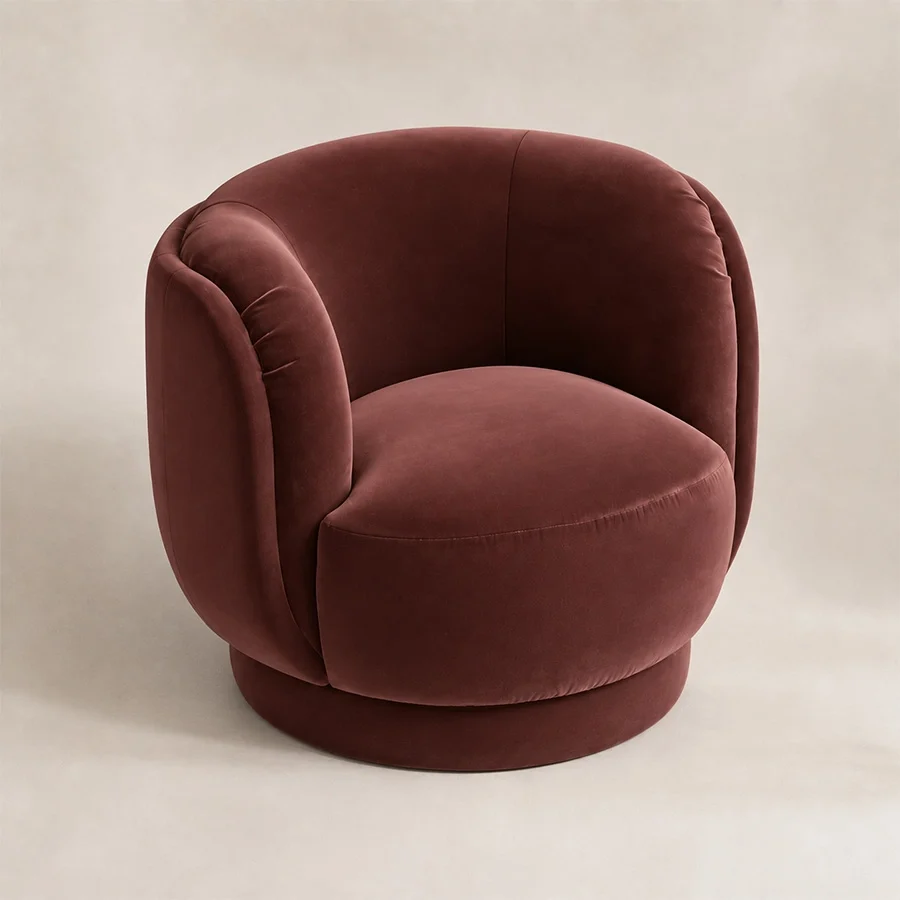 umberhush-armchair-umber-elevated-view. Elevated view of UmberHush Armchair showing rounded seat and wraparound back