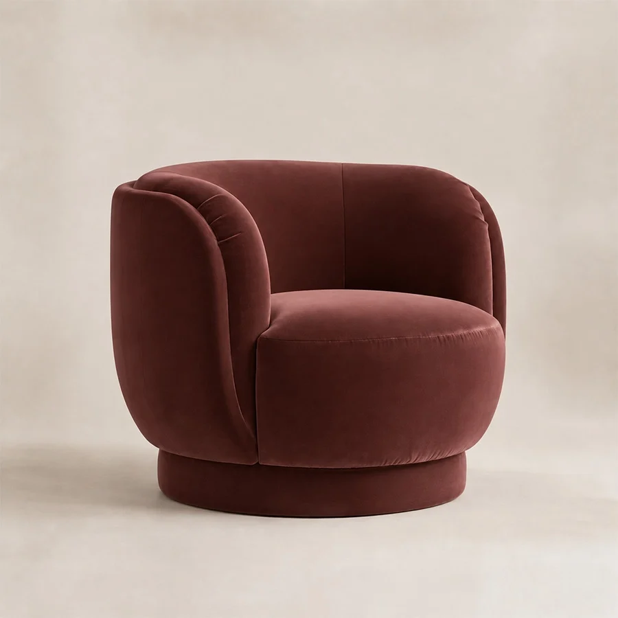 umberhush-armchair-umber-front-angle-view. UmberHush Armchair in umber upholstery, angled front view