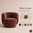 UmberHush Armchair customization options showing linen blend, velvet, bouclé and colour choices